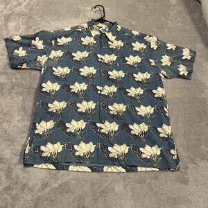Kahala Hawaiian Shirt Mens XL Blue Magnolia Floral Aloha Camp Button Front